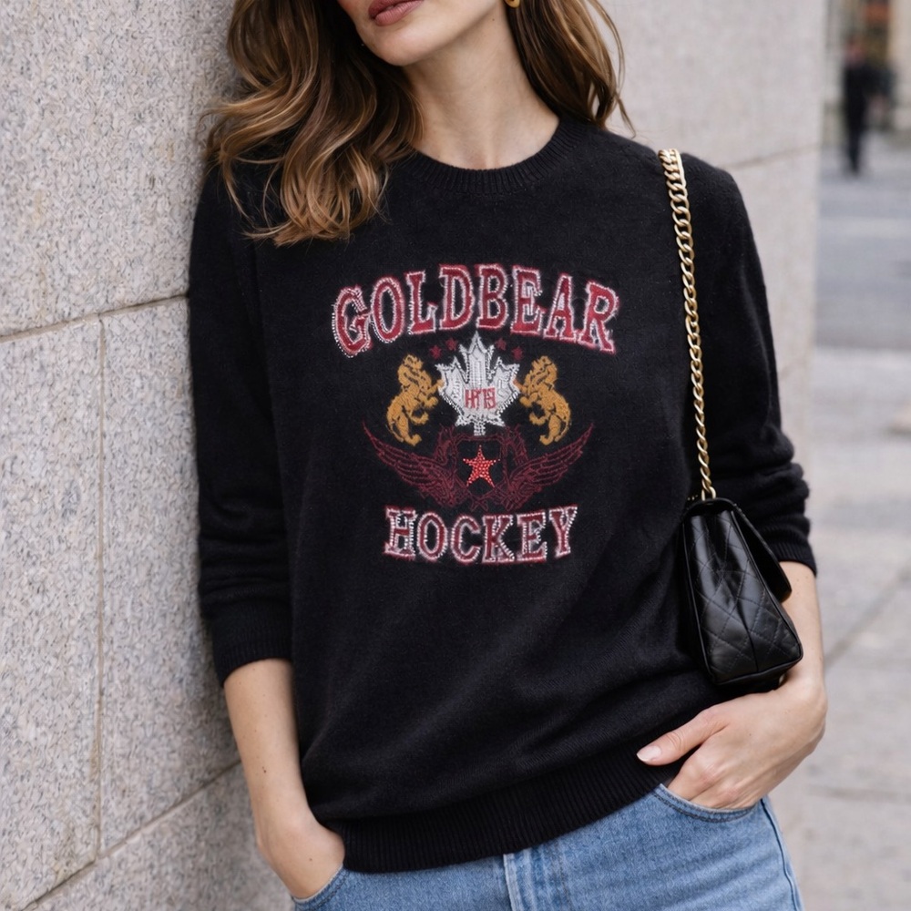 Women's Black 100% Cashmere Pullover Sweater  Hockey Graphic Size S